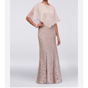 Ignite Evenings Lace Mermaid Dress Beaded Chiffon Capelet Buff Sequin Gown 18 XL